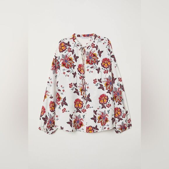 H&M White and Orange Long Sleeve Tie Front Blouse - Picture 1 of 6